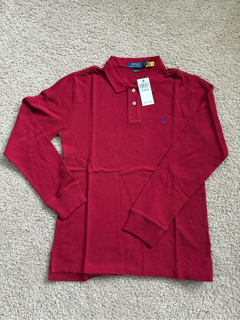 Polo by Ralph Lauren Boys' Long-Sleeve Red Polo with Blue Pony, Size XL (18-20).